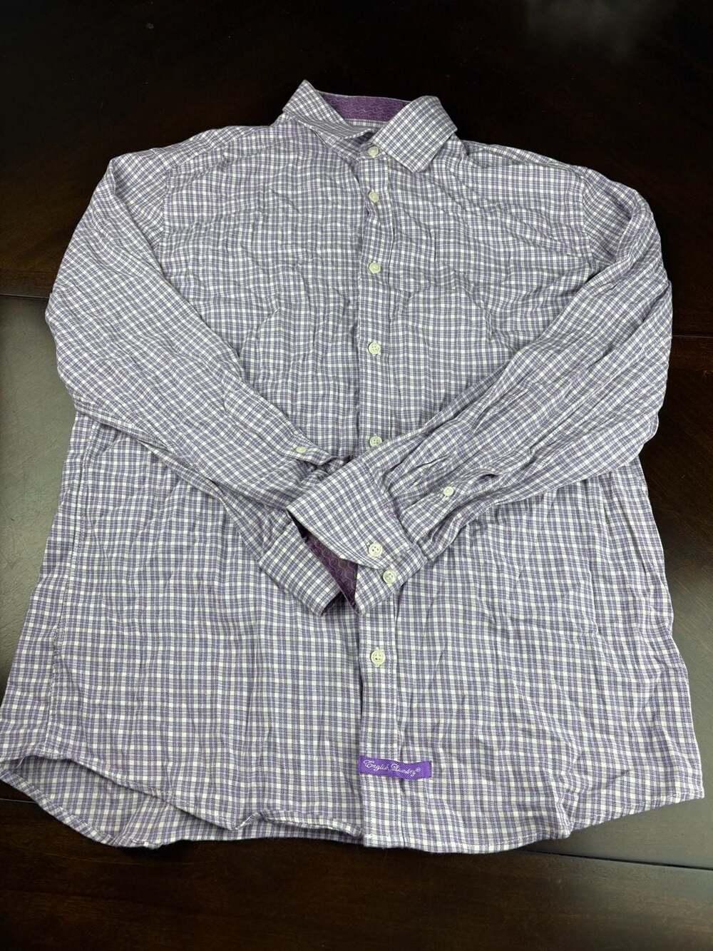 English Laundry Men’s Large Purple Check Plaid Long Sleeve Button Up Shirt